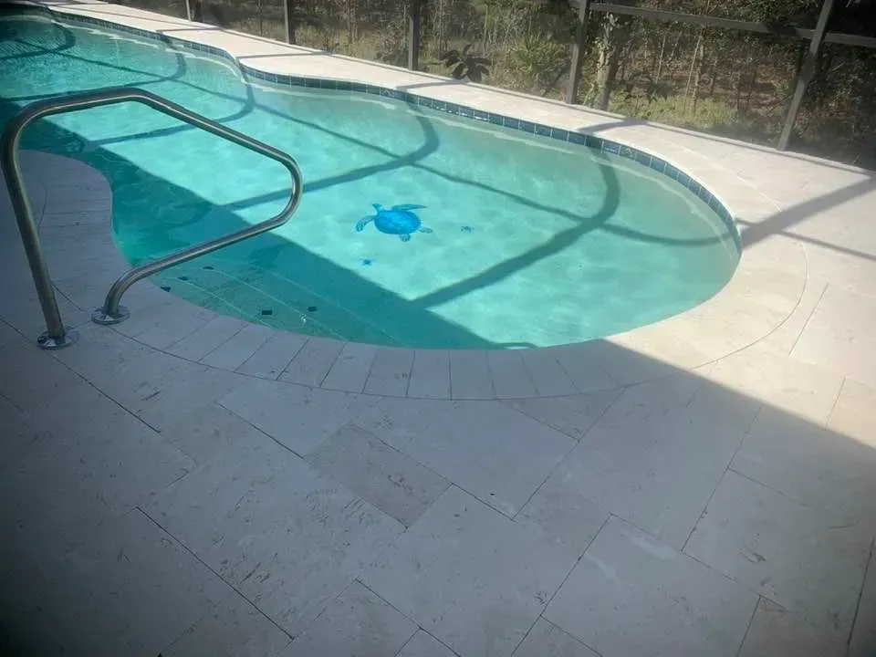 Pool with light blue water and stone deck. A blue turtle-shaped cleaning robot floats.