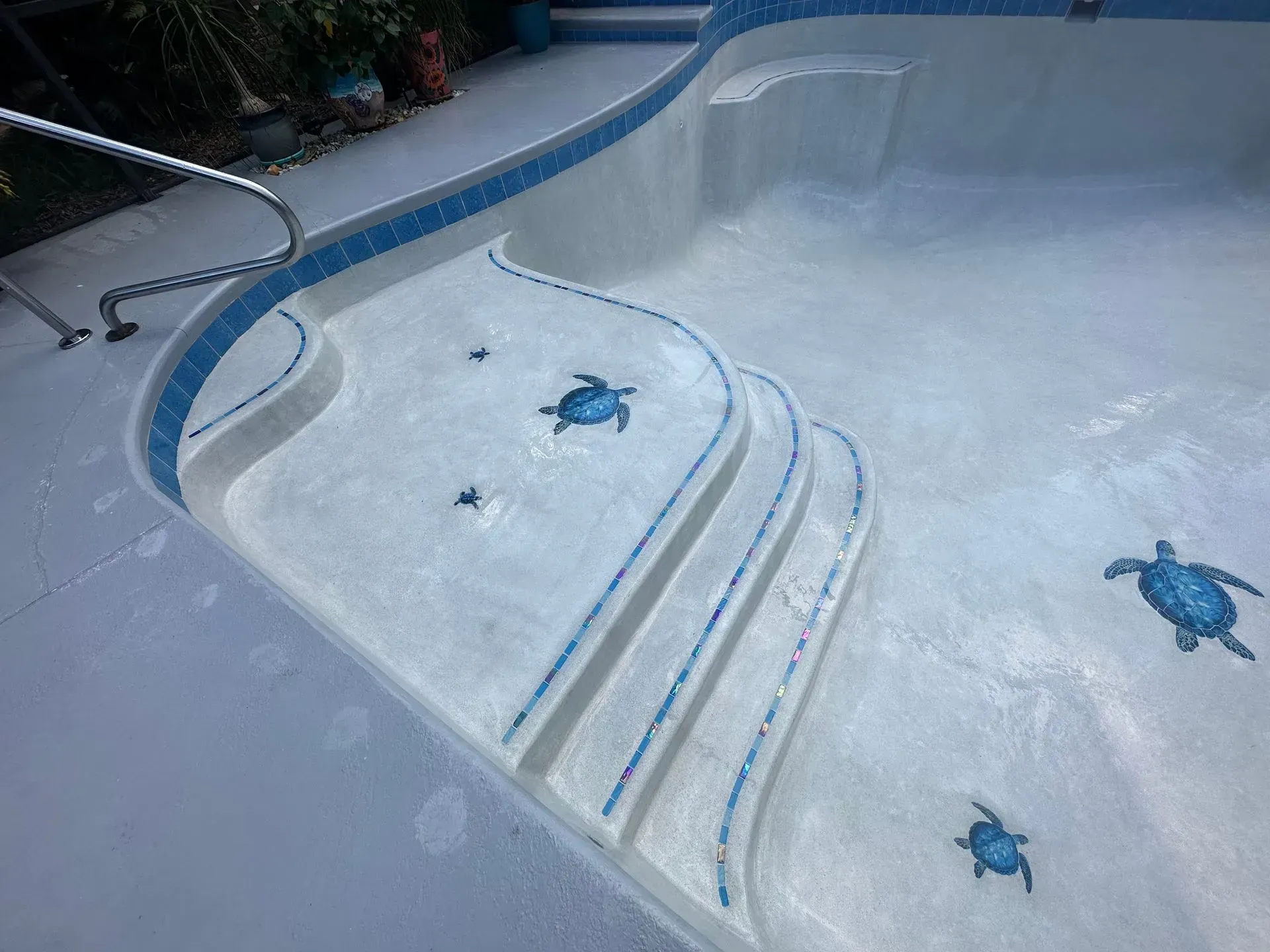 Pool with blue tile trim and turtle mosaics. Steps lead into the pool.
