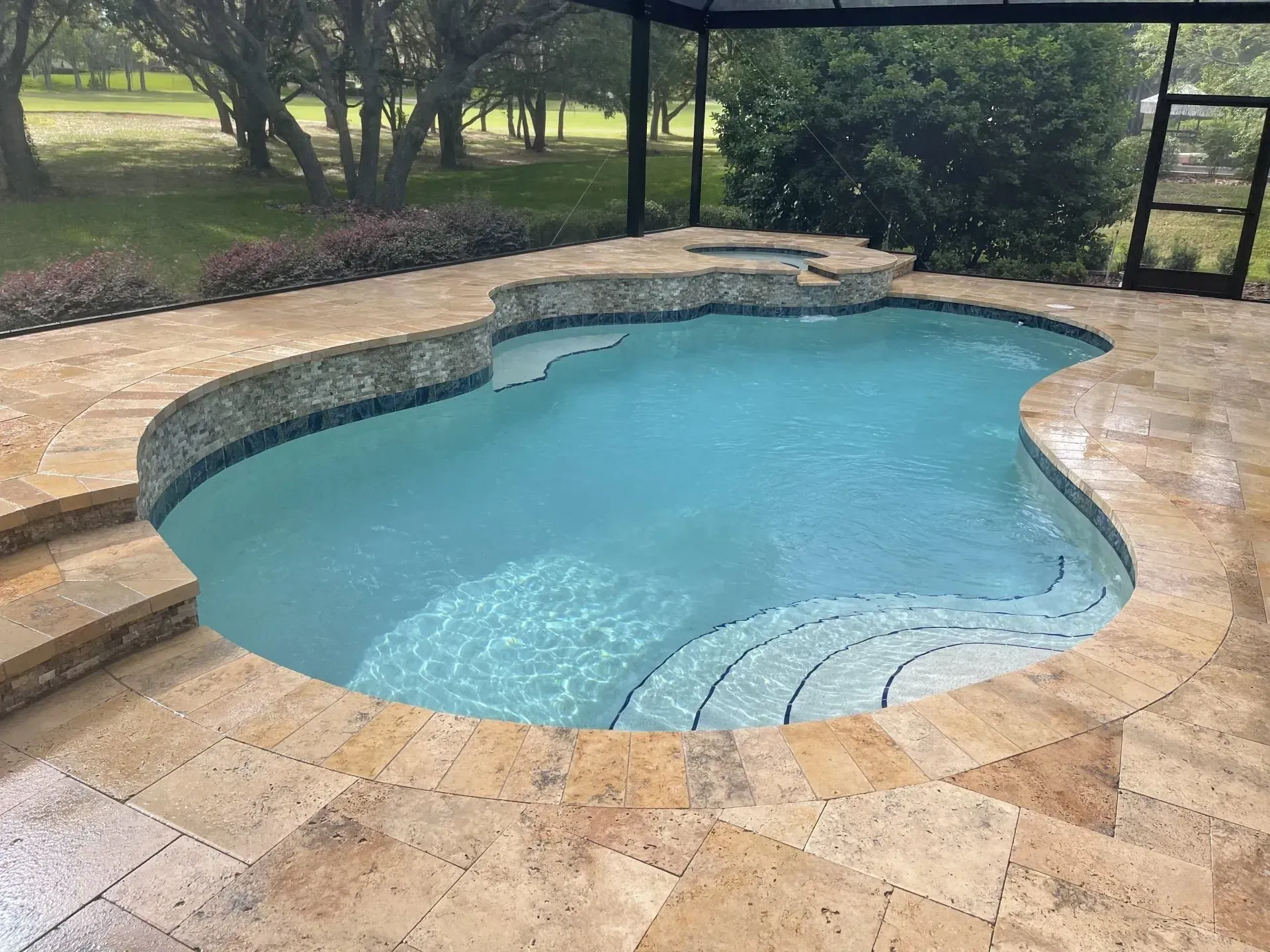 Pool with light blue water and stone deck under a screened enclosure.