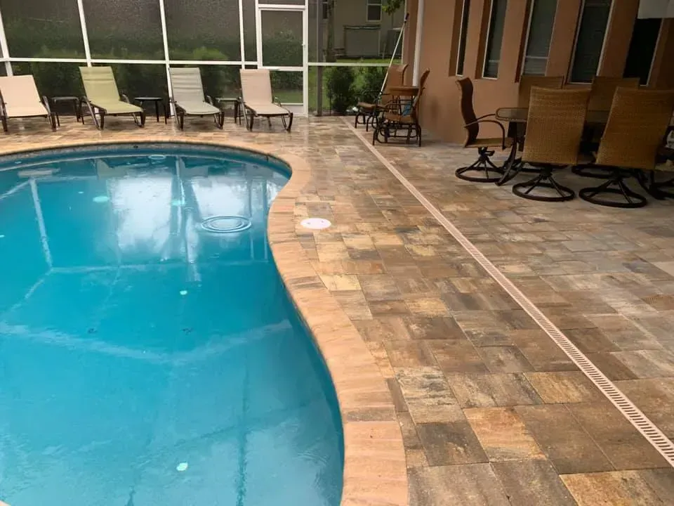Swimming pool with tan patio and lounge chairs under a screened enclosure.