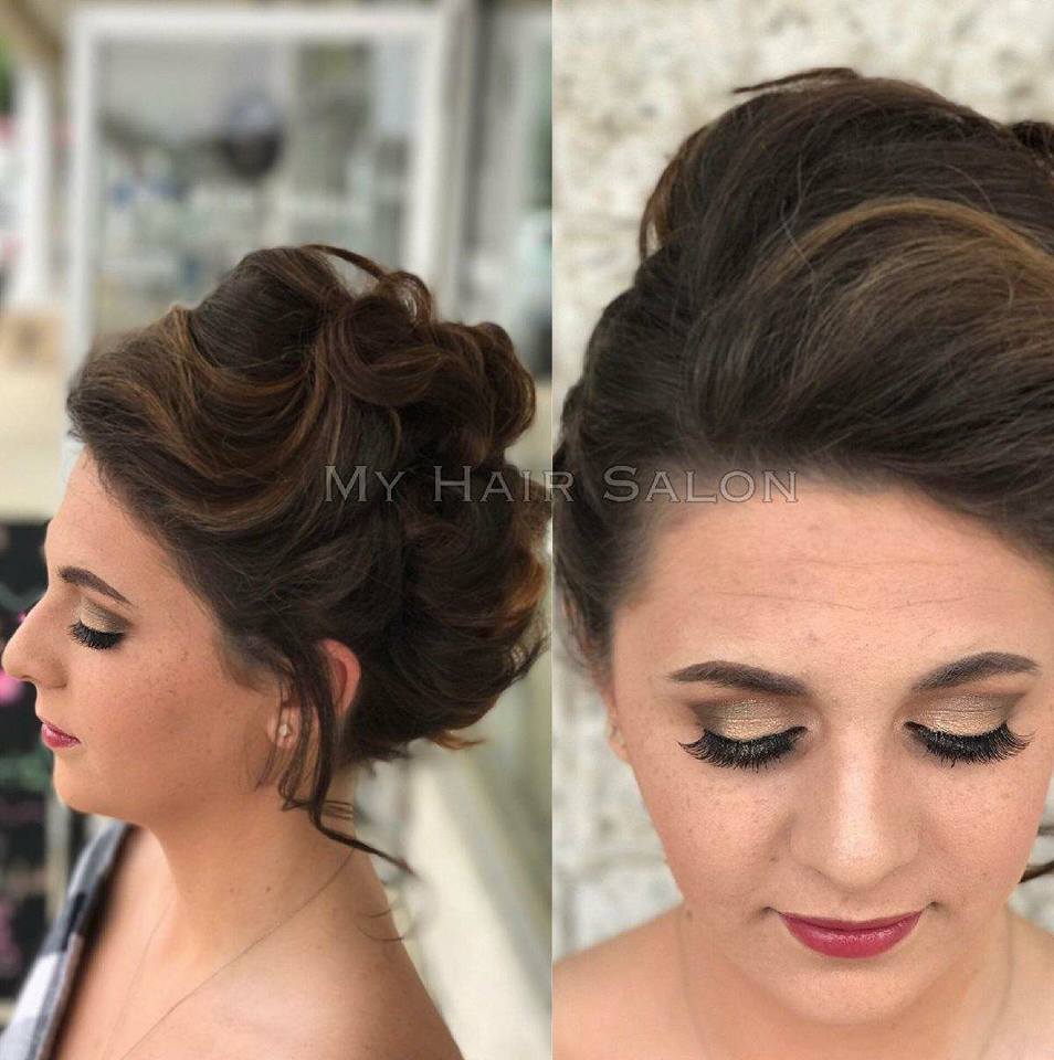 Two pictures of a woman 's hair and makeup by my hair salon