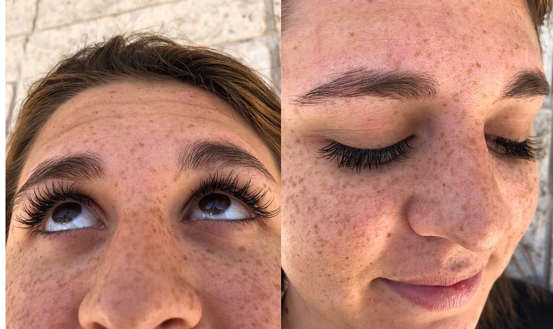 A before and after photo of a woman 's face with lashes and freckles.