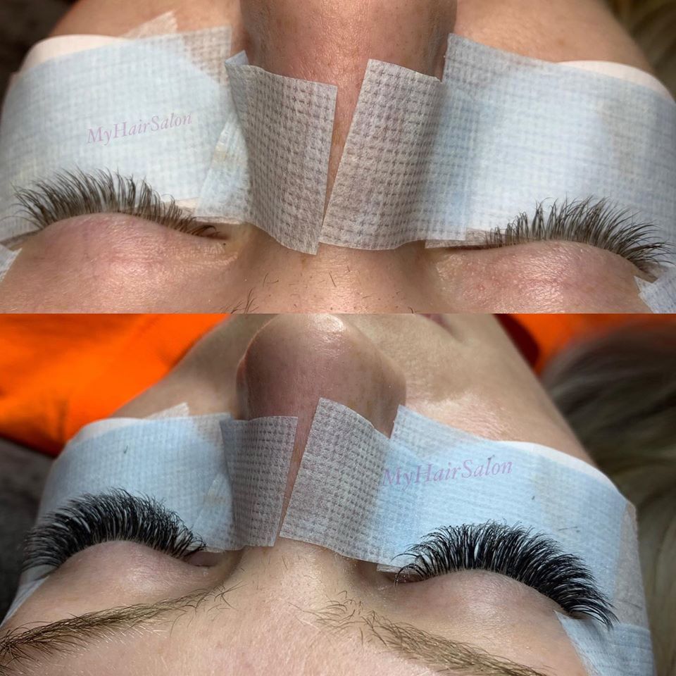 A before and after photo of a woman 's eyelashes.