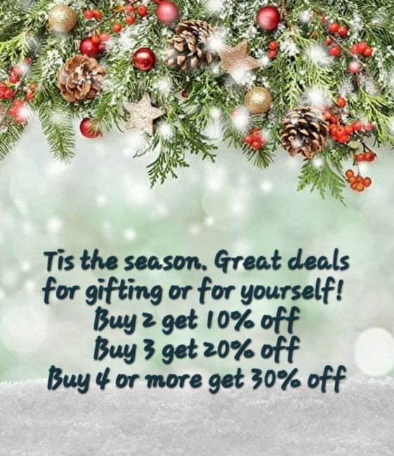 Christmas themed sale graphic. Text offers discounts buy 2 get 10 off, buy 3 get 20 off, and buy 4 get 30 off.