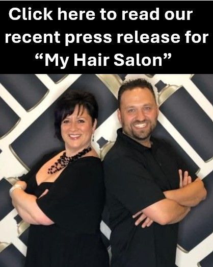 Two people smiling, arms crossed, in front of a patterned wall; text above urges the viewer to read a press release about My Hair Salon.