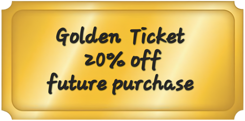 Golden Ticket, 20% off future purchase, on a gold ticket with a slight shadow effect.