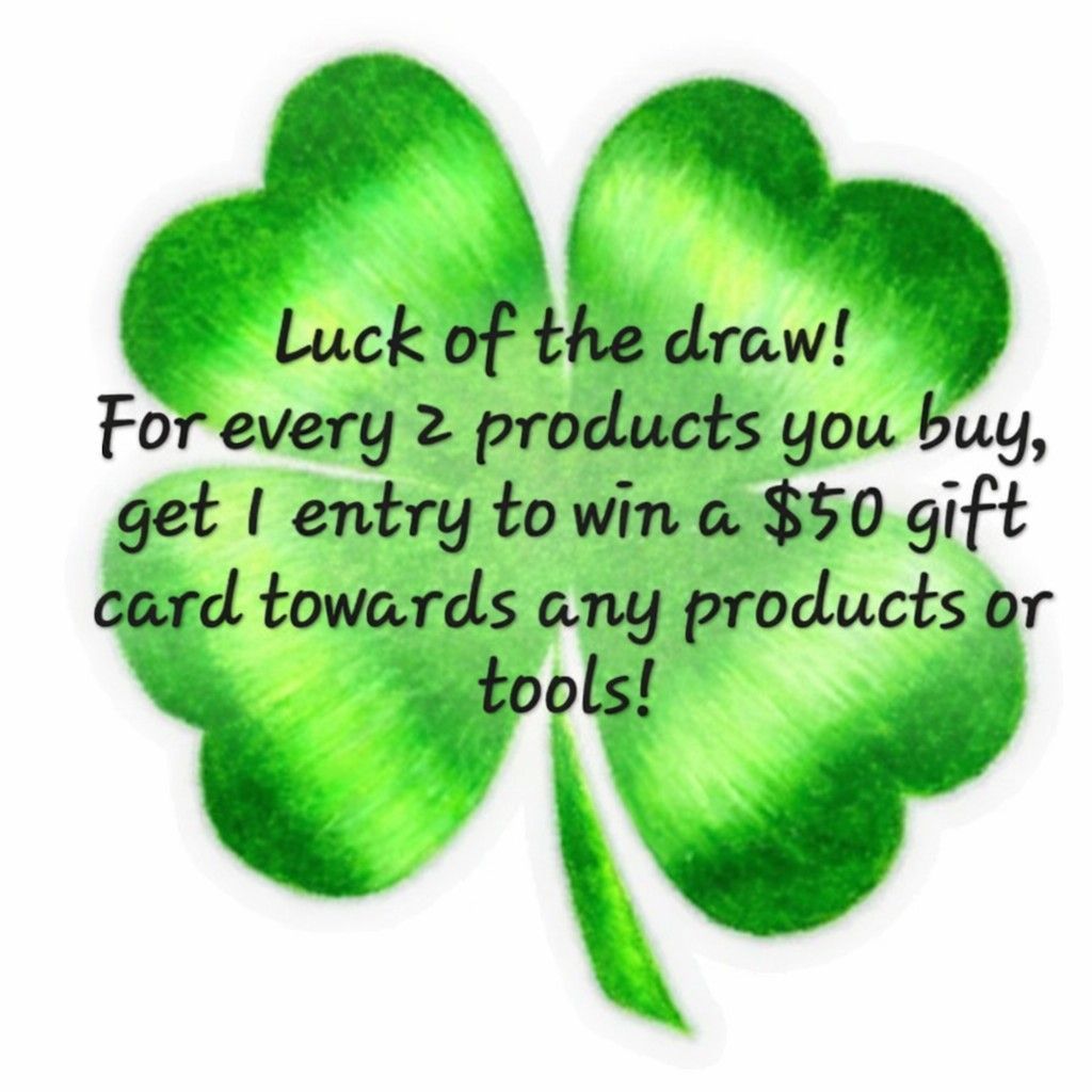 Promotion: Buy 2 products, get 1 entry to win a $50 gift card. Shamrock background.