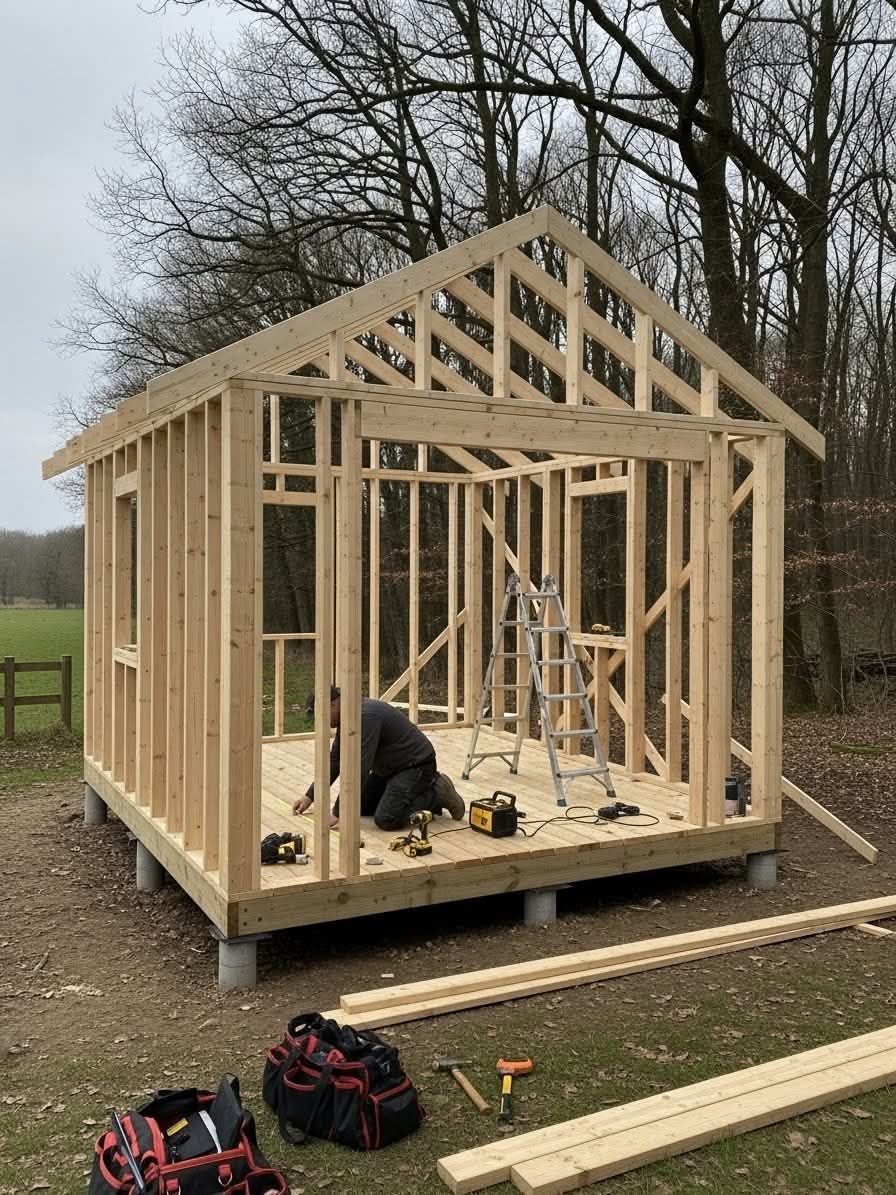 A person building a wooden shed frame on concrete piers in a wooded clearing.