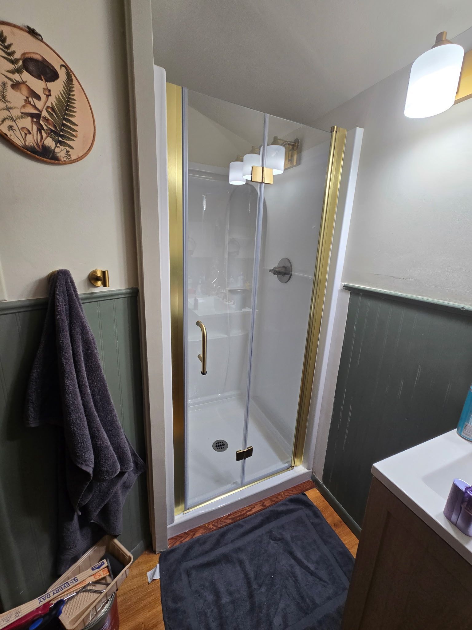 A bathroom features a shower stall with a gold-trimmed glass door, dark green wall paneling, and wood flooring.