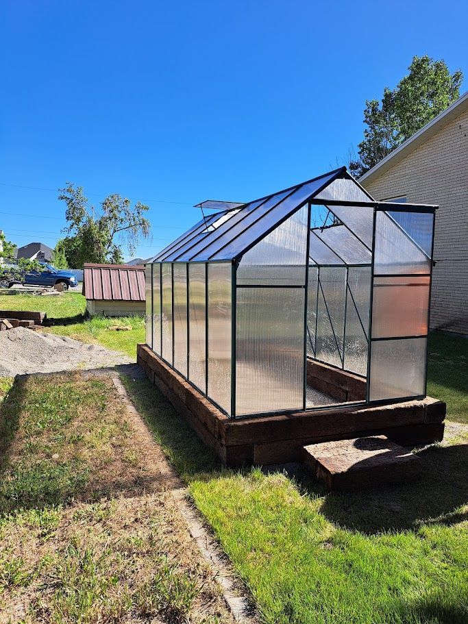 A small, glass-paneled greenhouse with a dark frame sits on a raised wooden base in a sunny backyard.