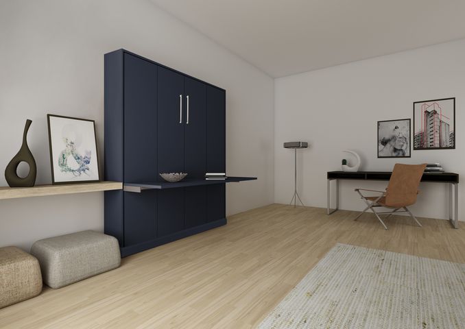 Blue wall bed with fold-down desk. Beige wood floor, white walls, minimalist decor.