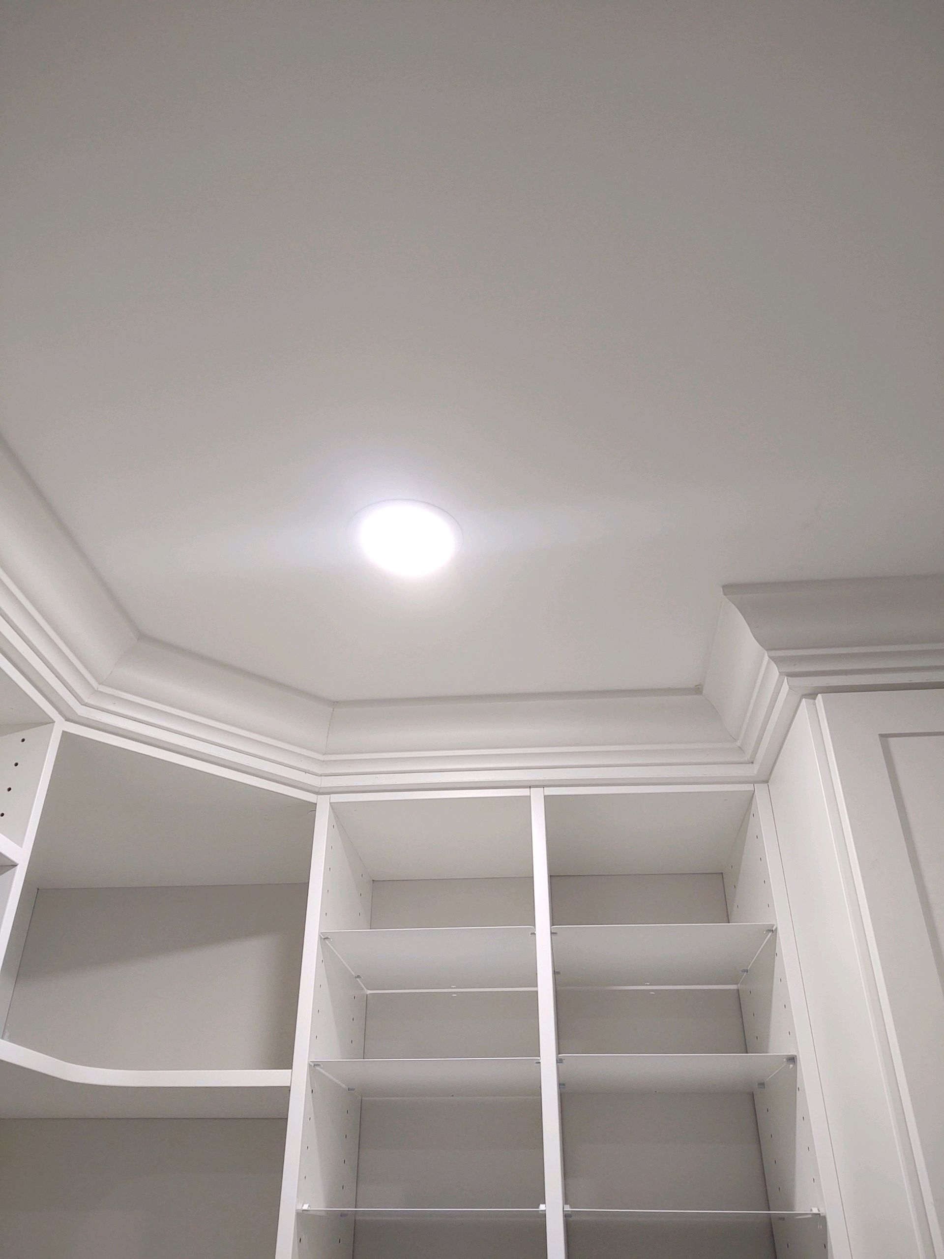White built-in shelves with crown molding. A recessed ceiling light is in the center.