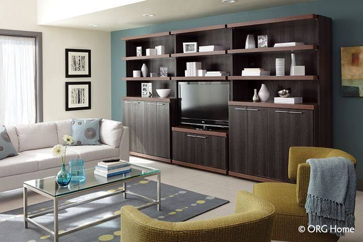 Living room with modern built-in dark brown shelving, TV, and cabinets, a sofa, chairs, and glass coffee table.