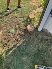Dirt patch with wood pieces next to a building. A person's feet and lower legs are visible on the grass.