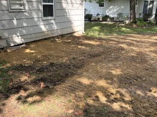 A bare, brown yard next to a beige house. Patches of green grass remain.