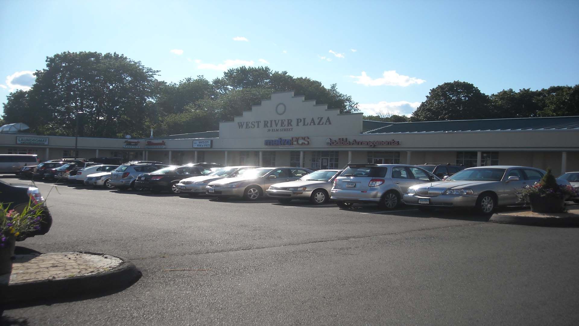Blue Star Plaza strip mall with parked cars under a sunny sky.