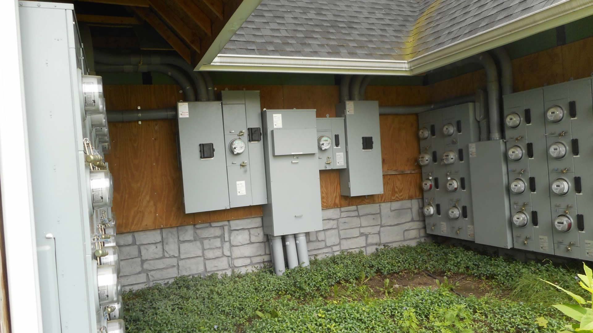 Electrical panels and meters on a building exterior, surrounded by vegetation, under a roof.