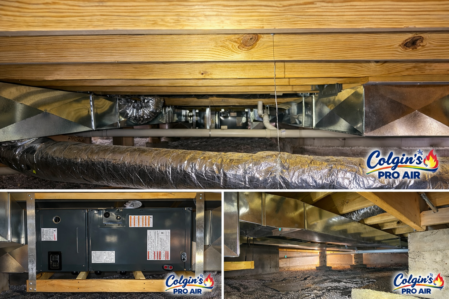 A split-view showing HVAC equipment, metal ductwork, and insulated flex ducts installed in a wooden crawlspace.