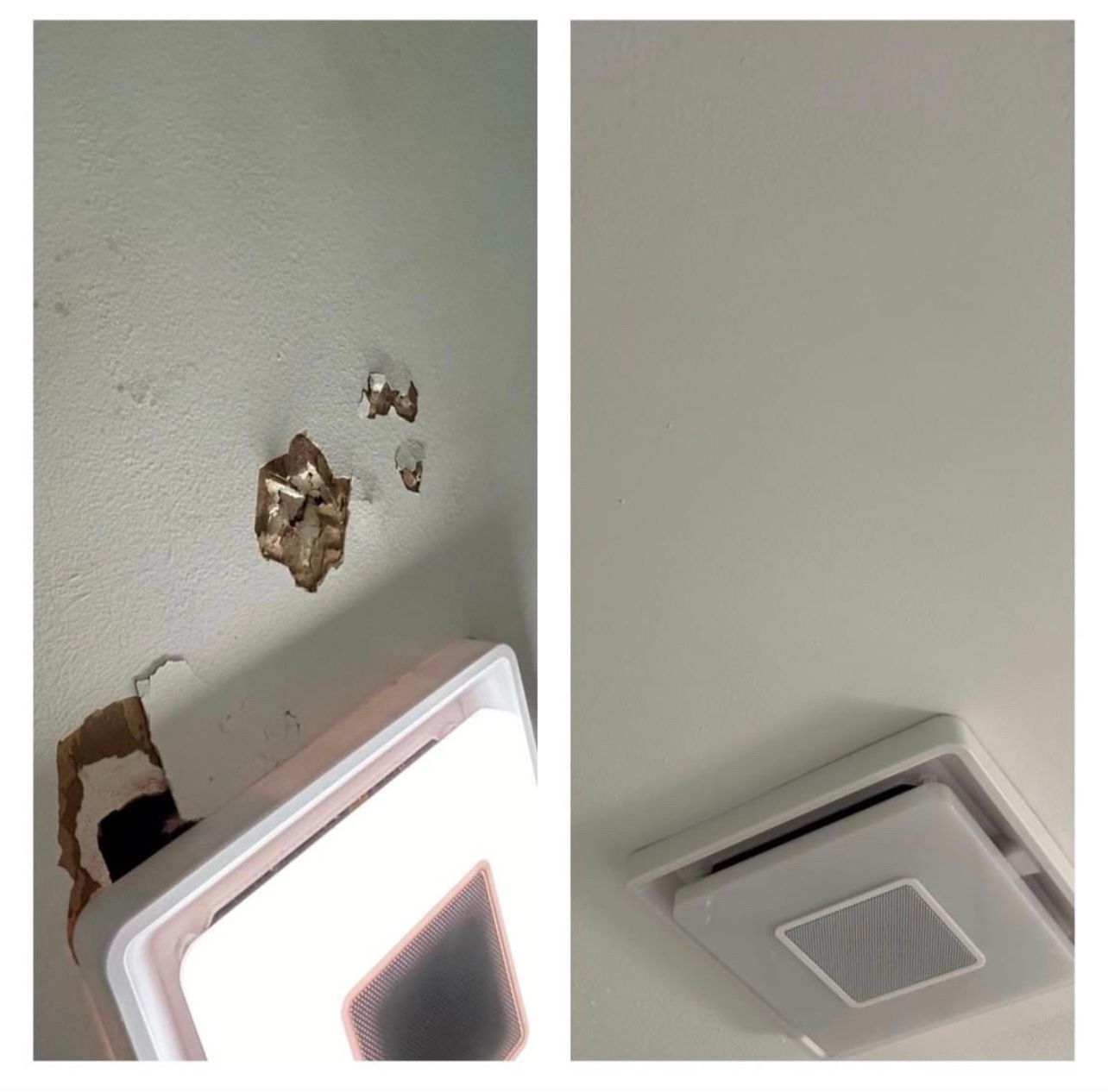 A before and after photo of a ceiling fan