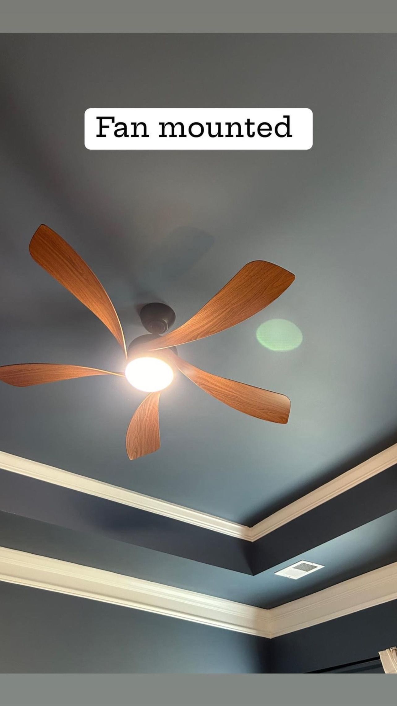A ceiling fan is mounted to the ceiling in a room