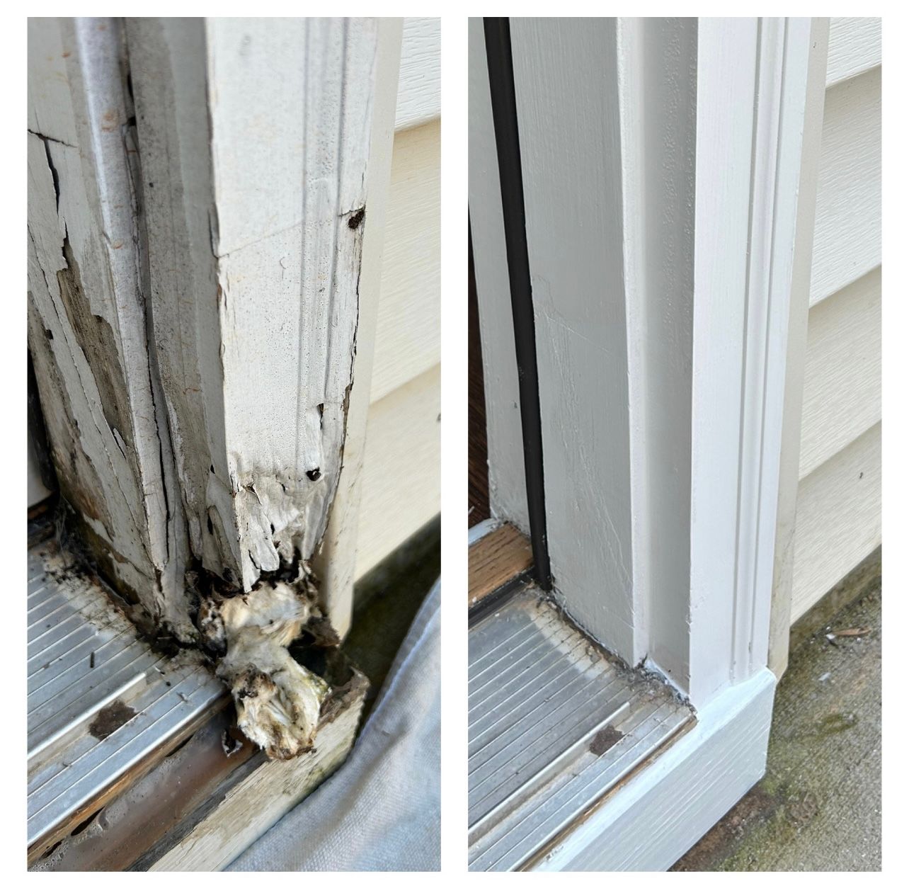 A before and after picture of a window frame