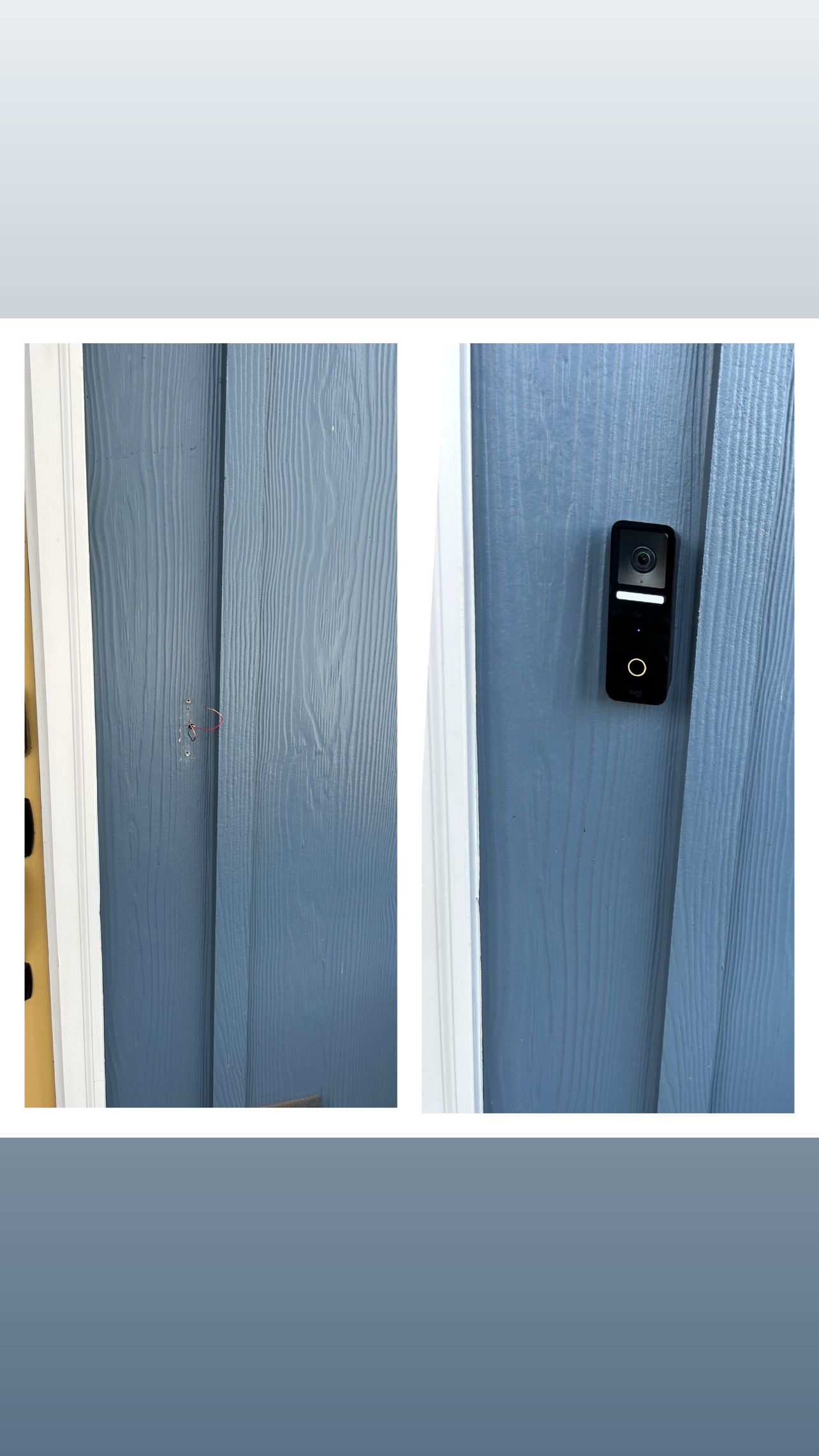 A before and after picture of a blue door with a doorbell on it.