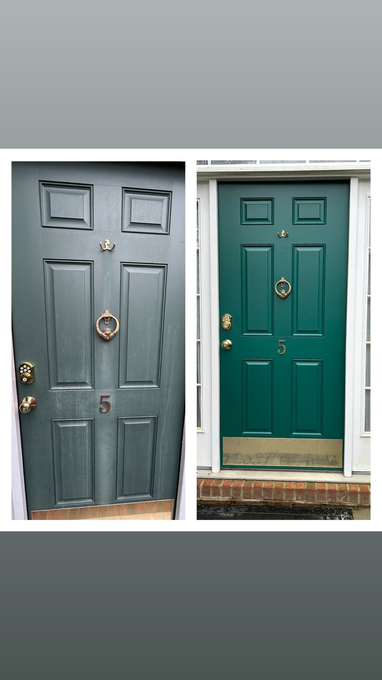 A before and after picture of a green door.