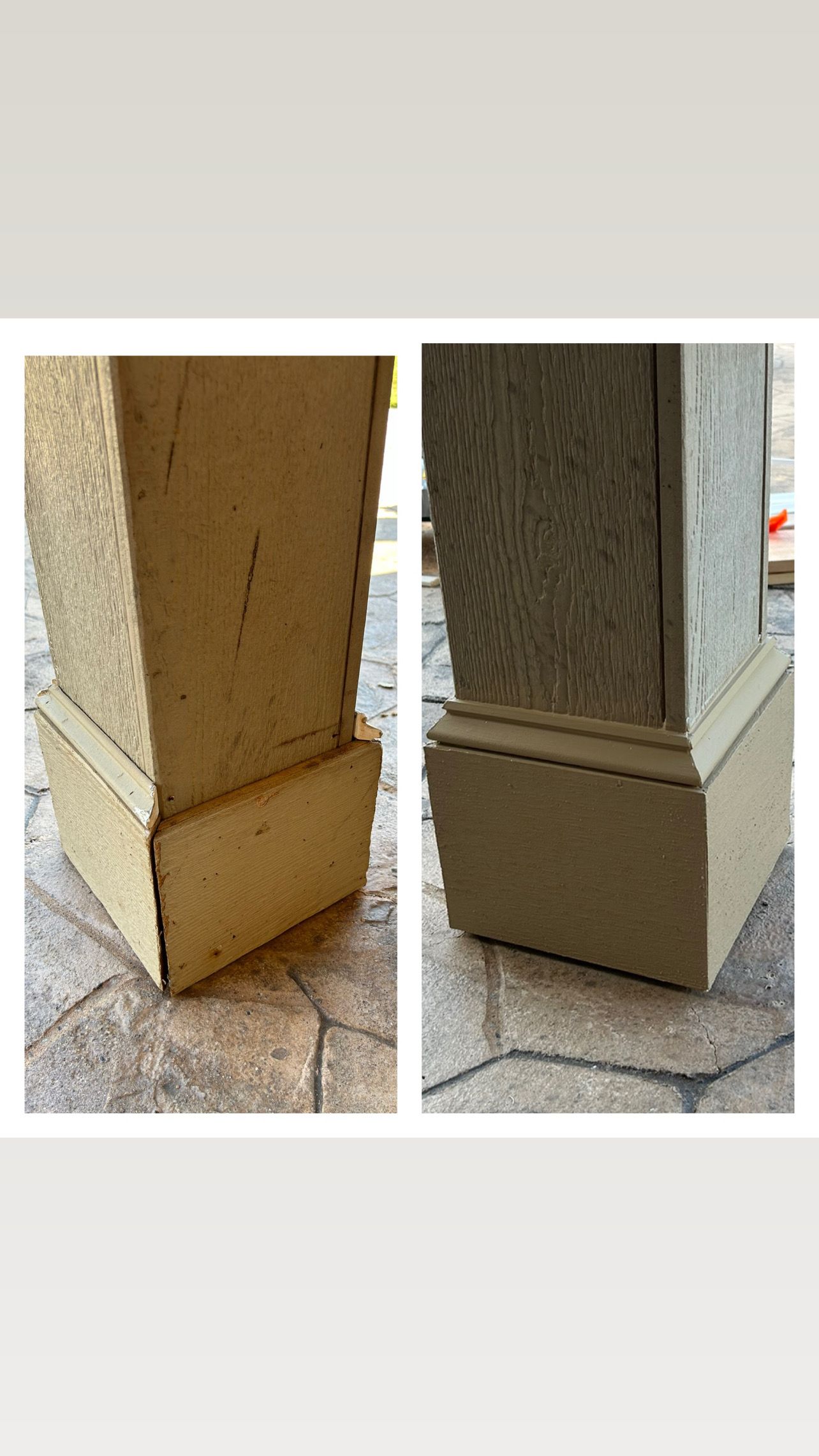 A before and after picture of a pillar on a sidewalk.