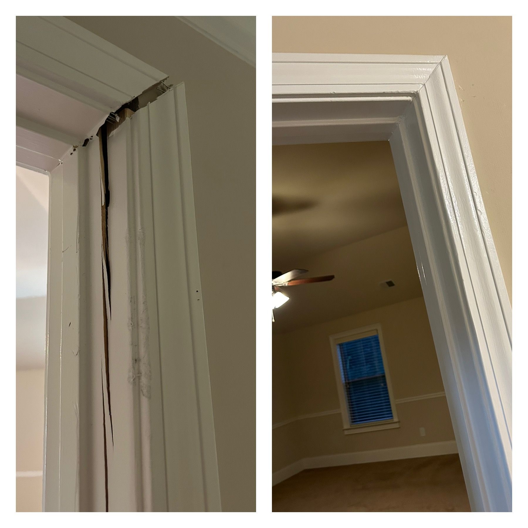 A picture of a door and a picture of a room with a ceiling fan