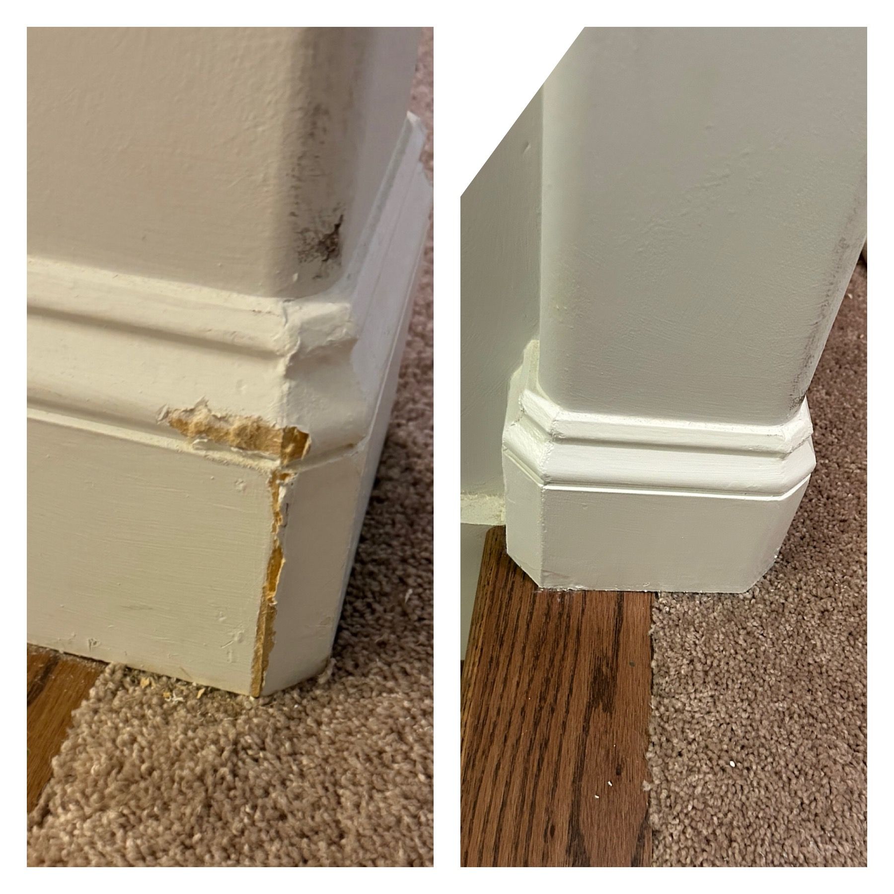 A before and after picture of a white molding on a wall