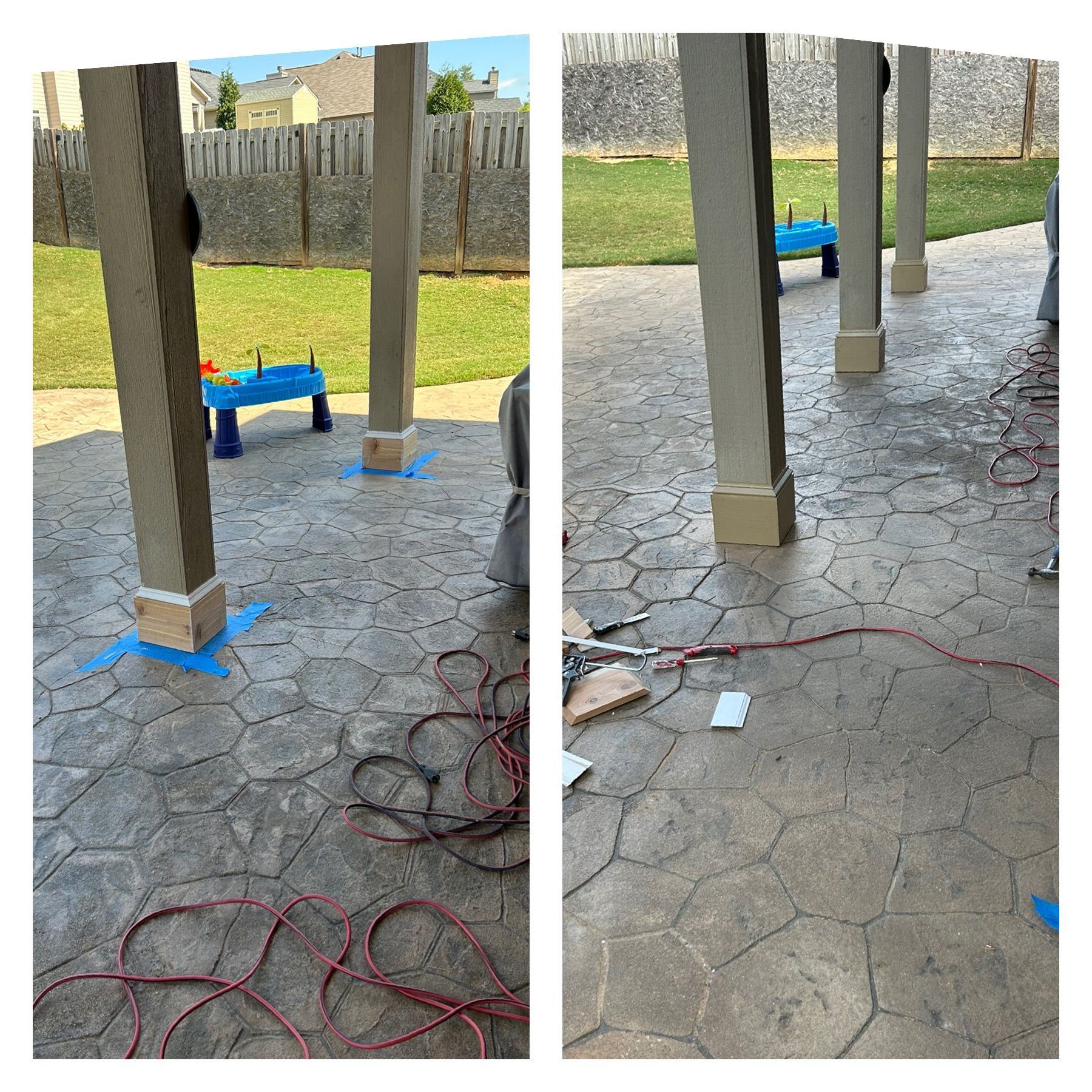 A couple of pictures of a patio with pillars and a table.