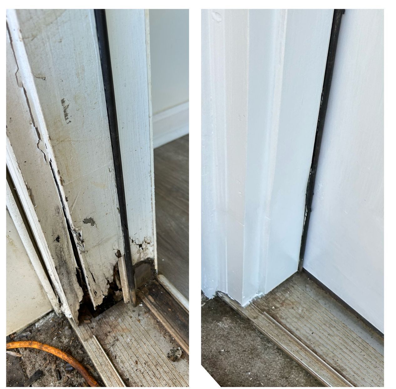 A before and after picture of a dirty door and a clean door.