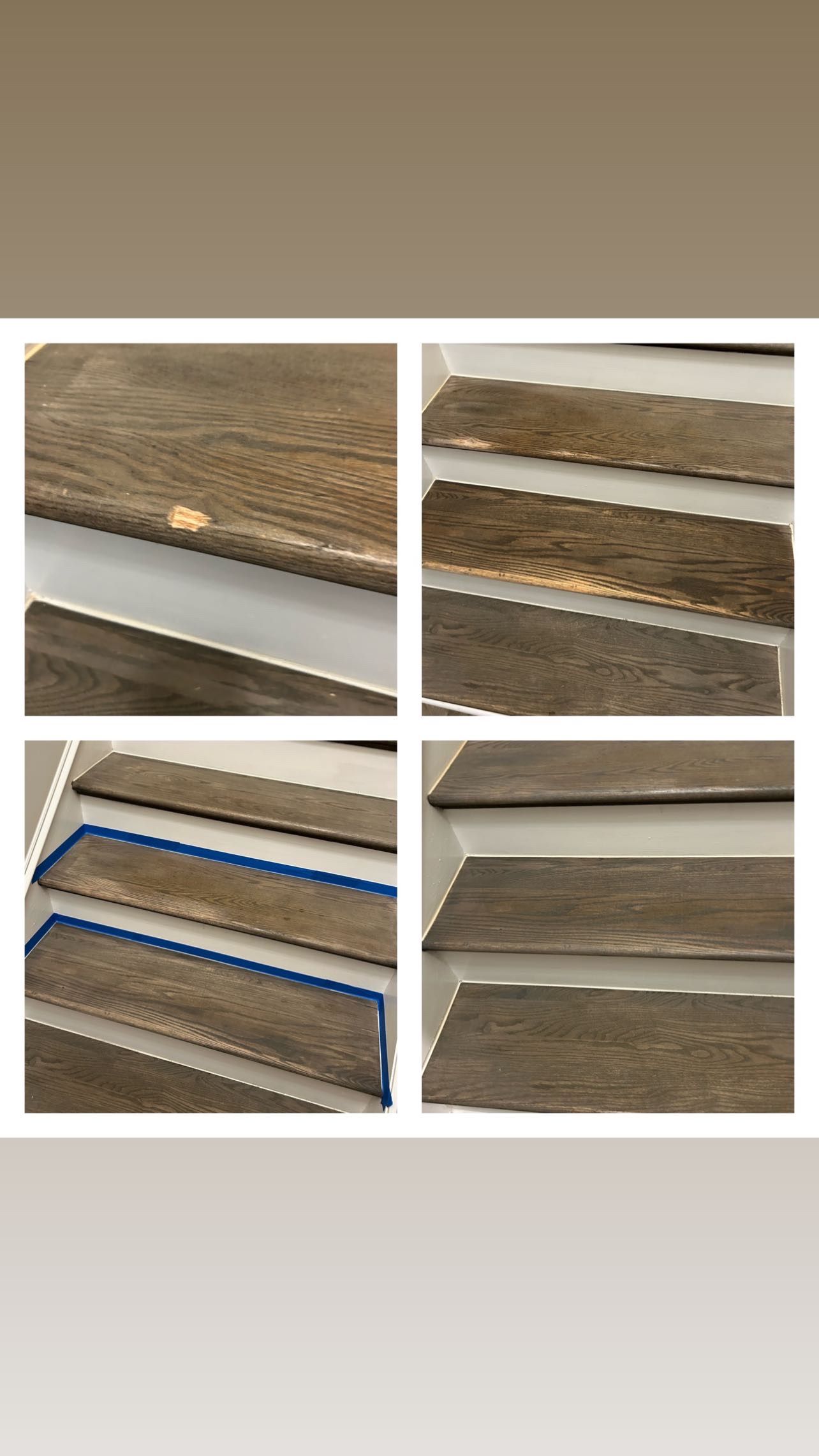 A collage of four pictures of a wooden staircase.