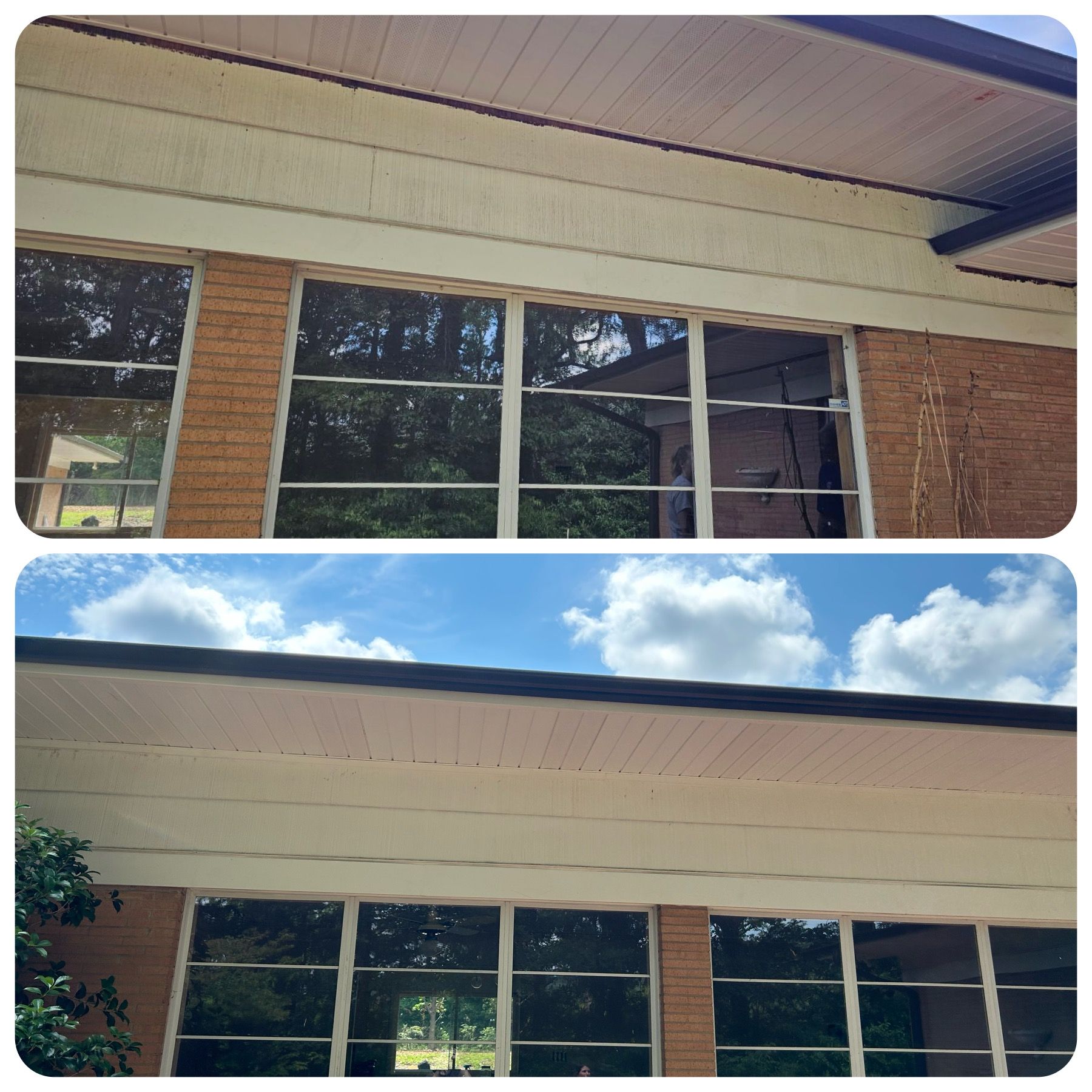 A before and after picture of a building with a lot of windows.