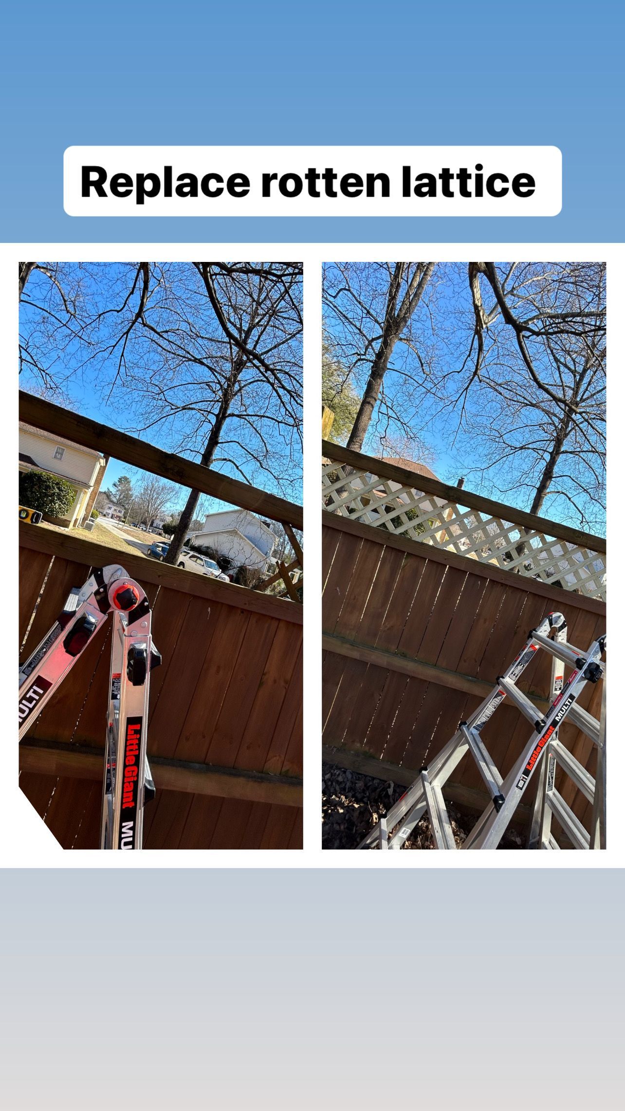 A ladder is sitting on top of a wooden fence.