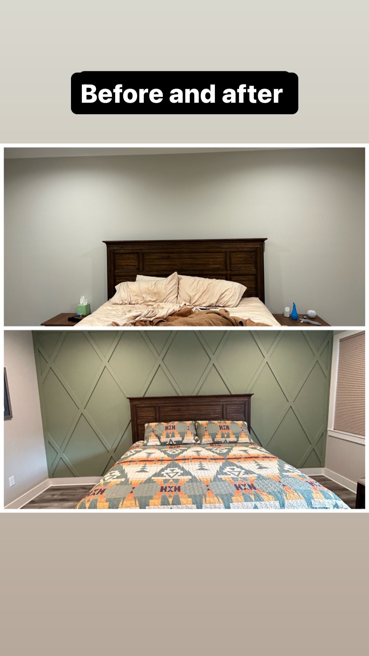 A before and after photo of a bedroom with a bed.