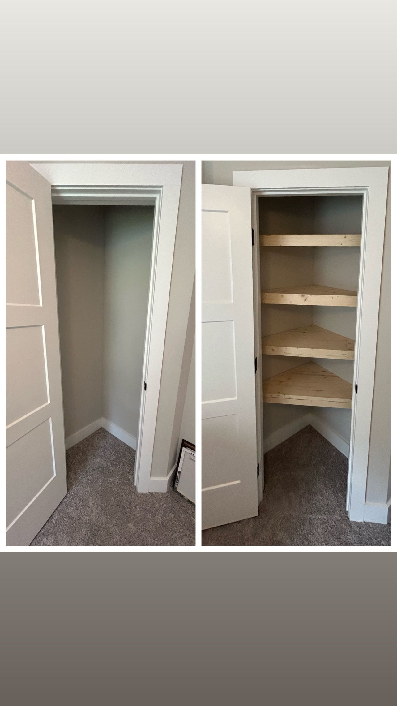 A before and after picture of a closet with shelves.