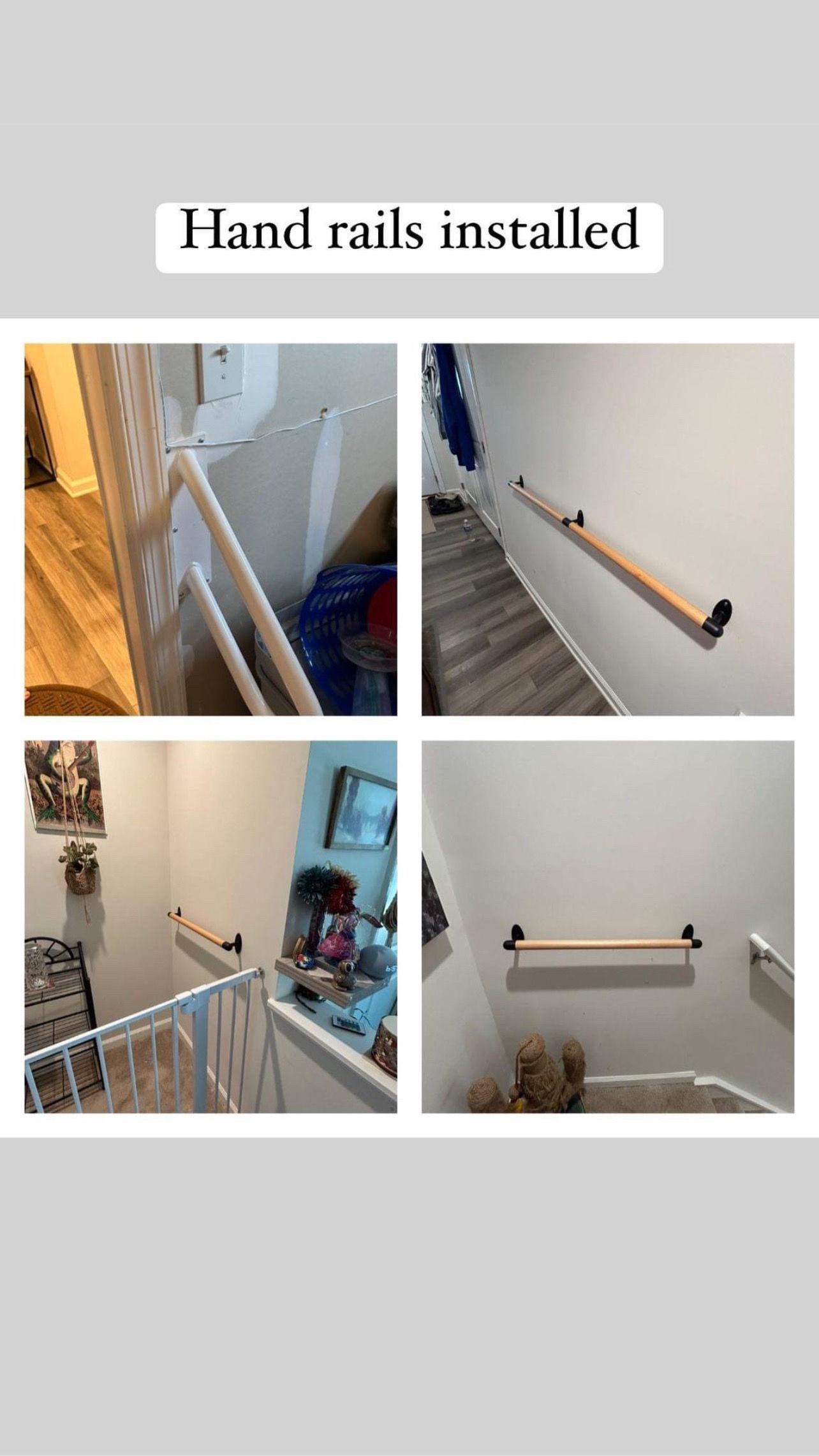 A collage of four pictures of a hand rail being installed on a staircase.