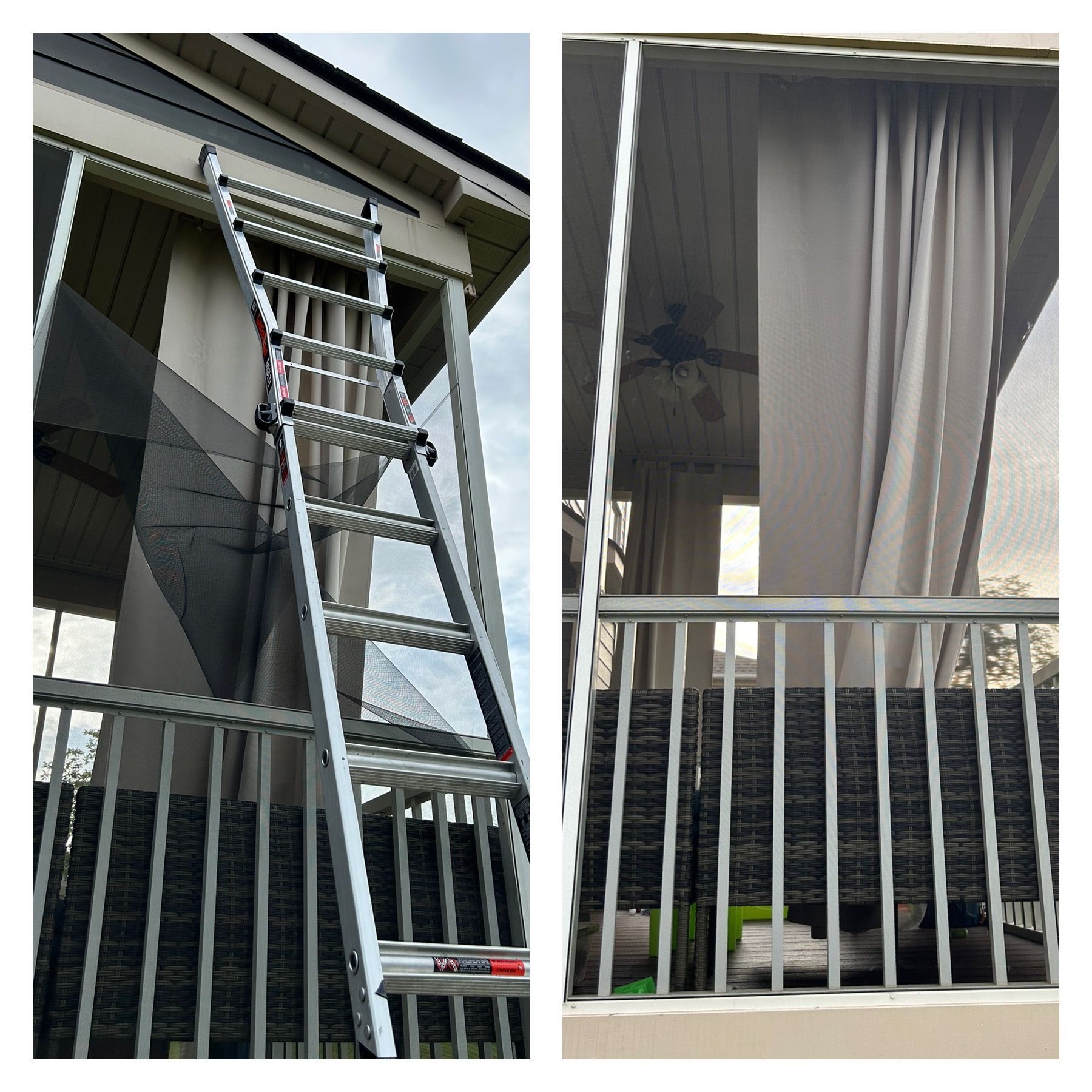 A ladder is attached to the side of a house next to a screened in porch.