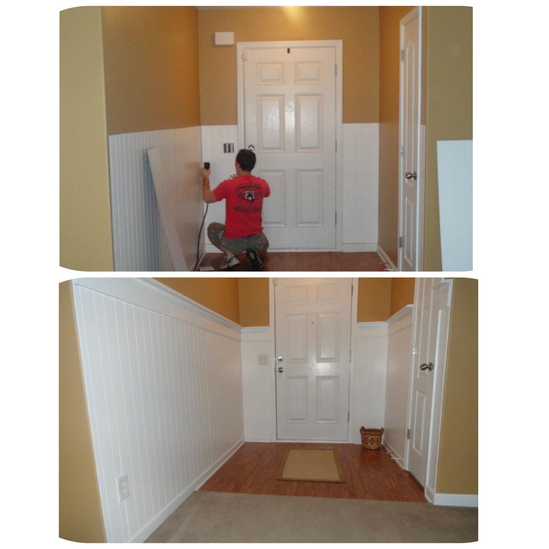 A man in a red shirt is kneeling in front of a door