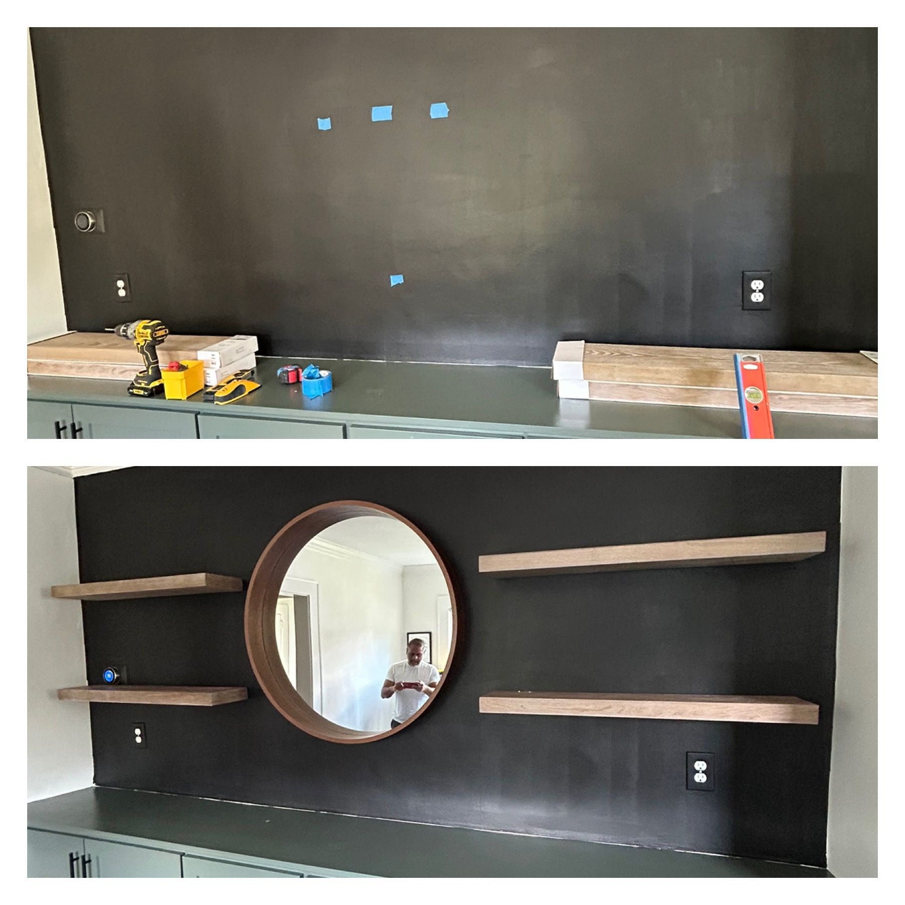 A before and after picture of a wall with shelves and a mirror