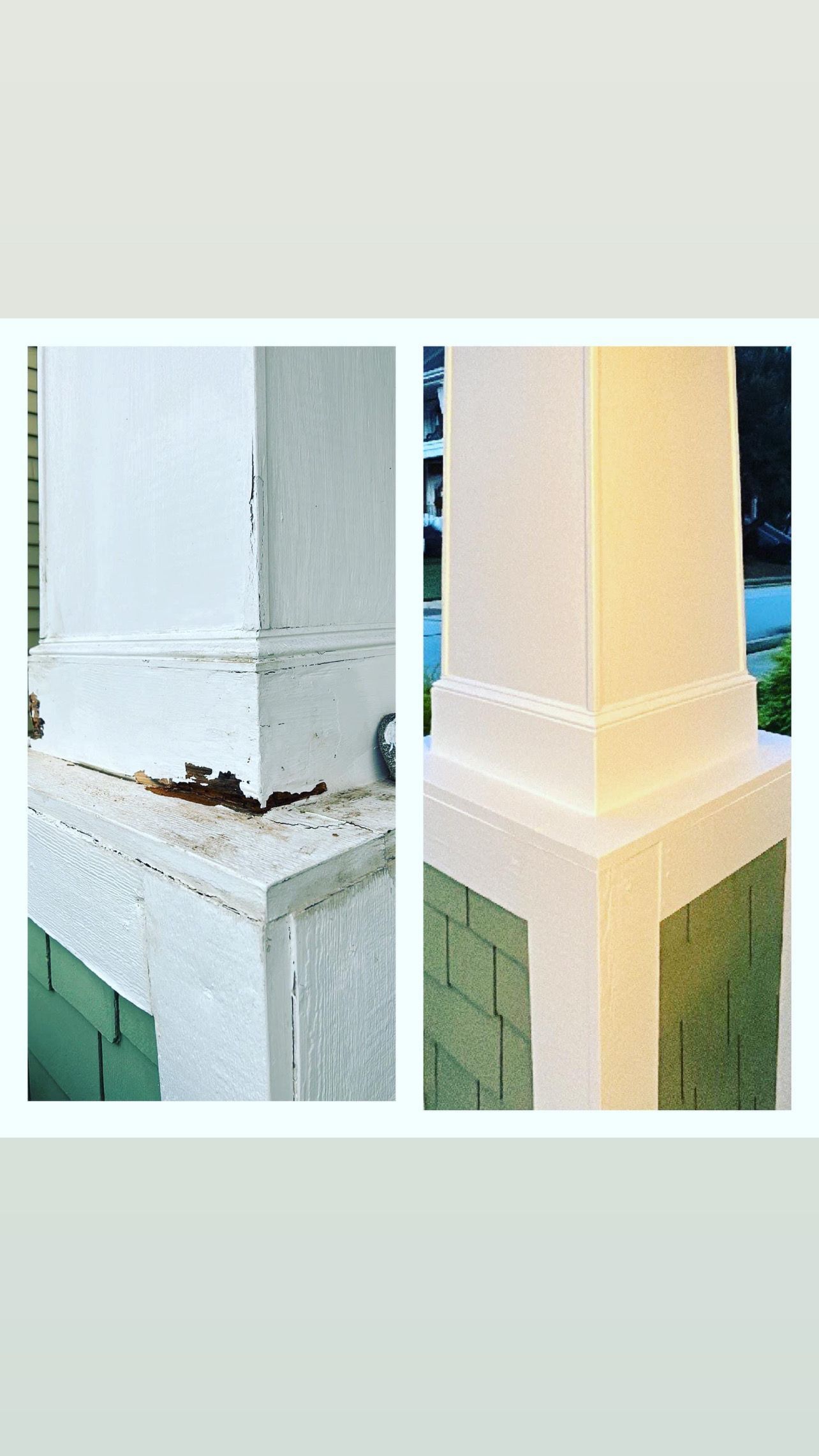 A before and after picture of a porch post.