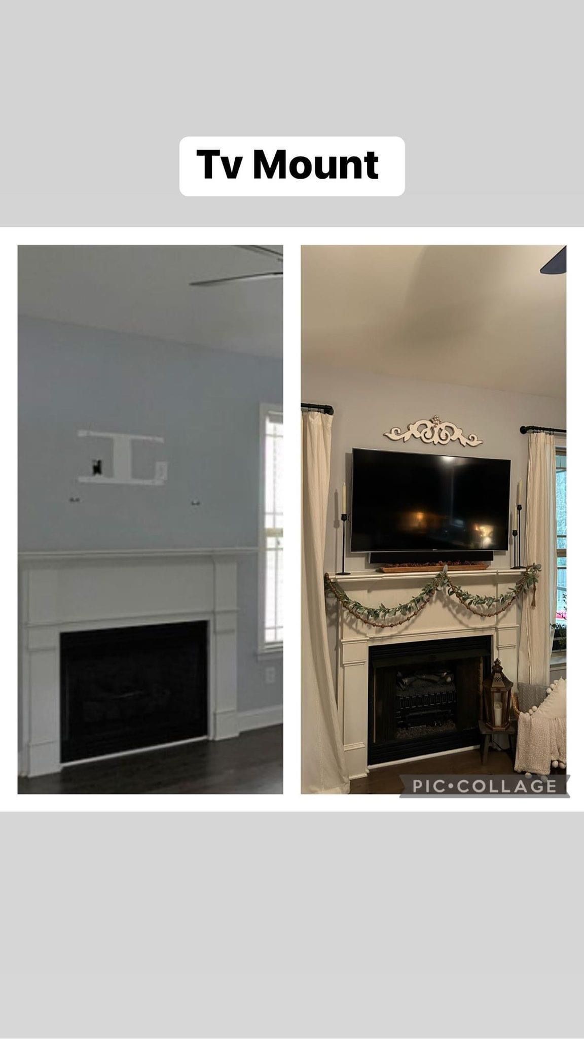 A before and after picture of a fireplace with a tv mounted on it.