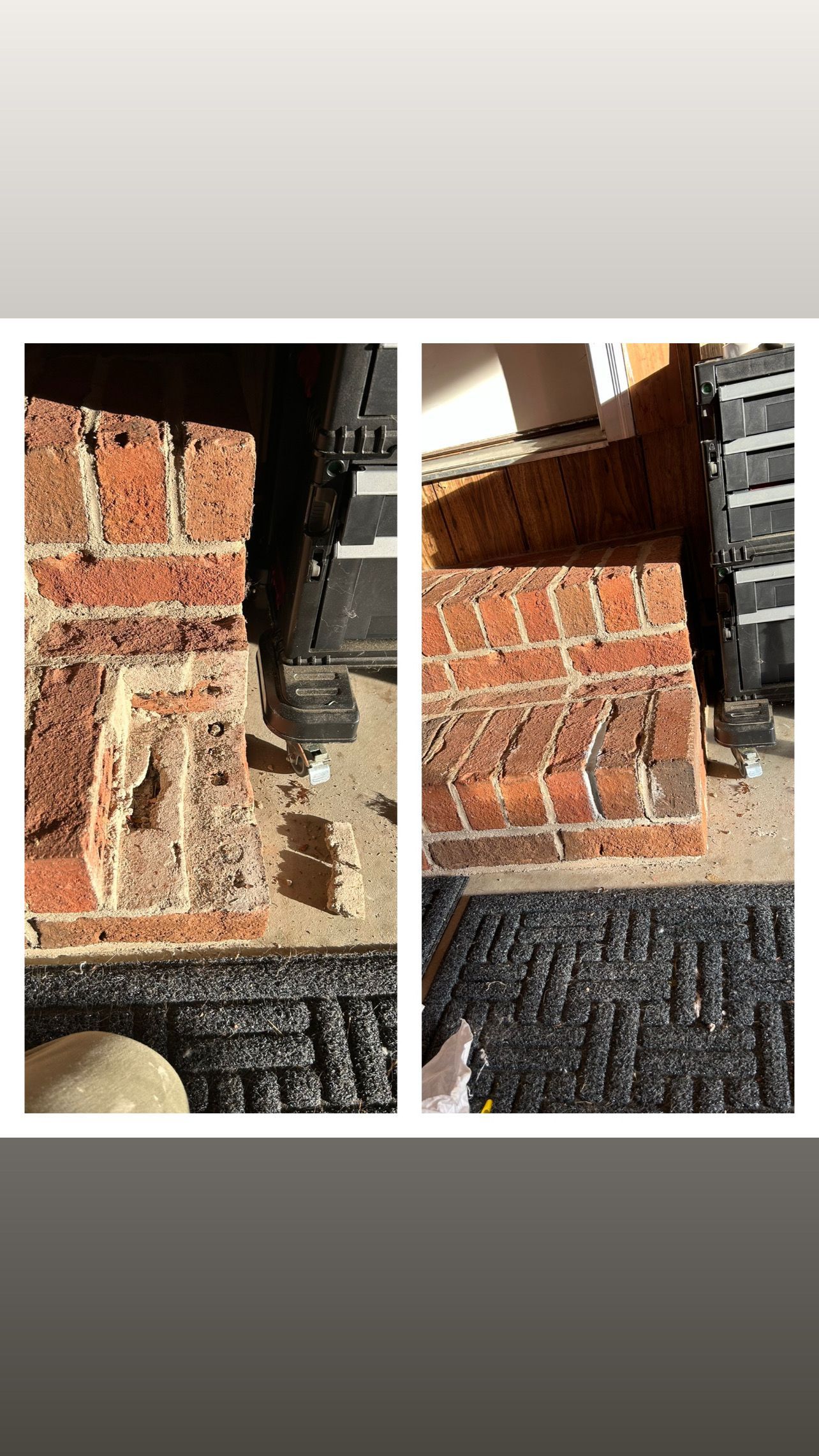 Two pictures of a brick fireplace before and after being remodeled.