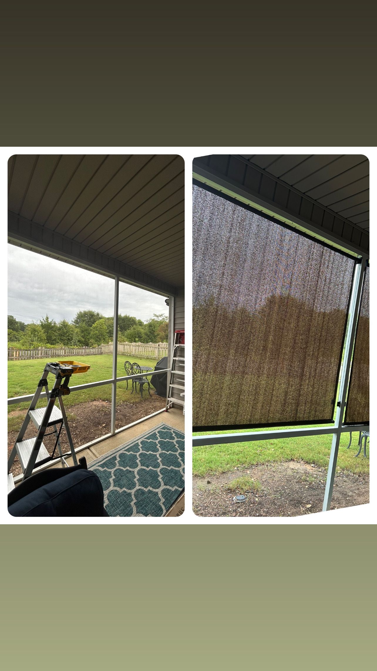 A collage of two pictures of a porch with a ladder in the background.