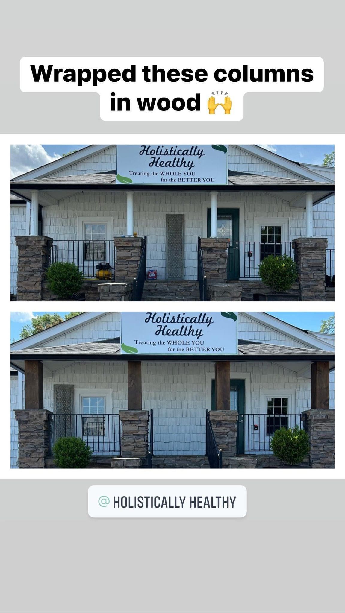 A picture of a building with columns wrapped in wood.