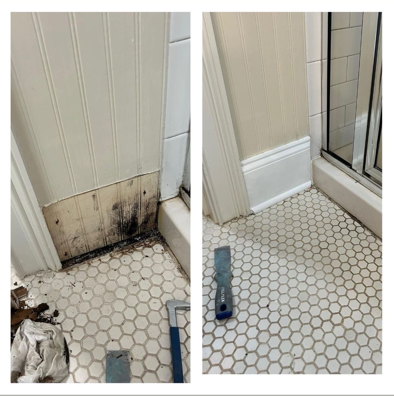 A before and after picture of a bathroom with a tile floor.