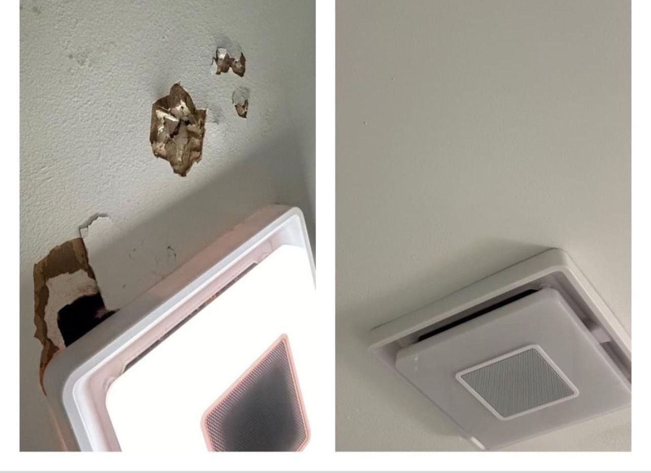 A picture of a hole in a wall and a picture of a fan on the ceiling