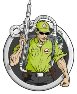 Man in green uniform, sunglasses, and backpack with a weapon; pest control logo.
