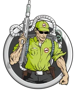 Man in green uniform, sunglasses, and backpack with a weapon; pest control logo.